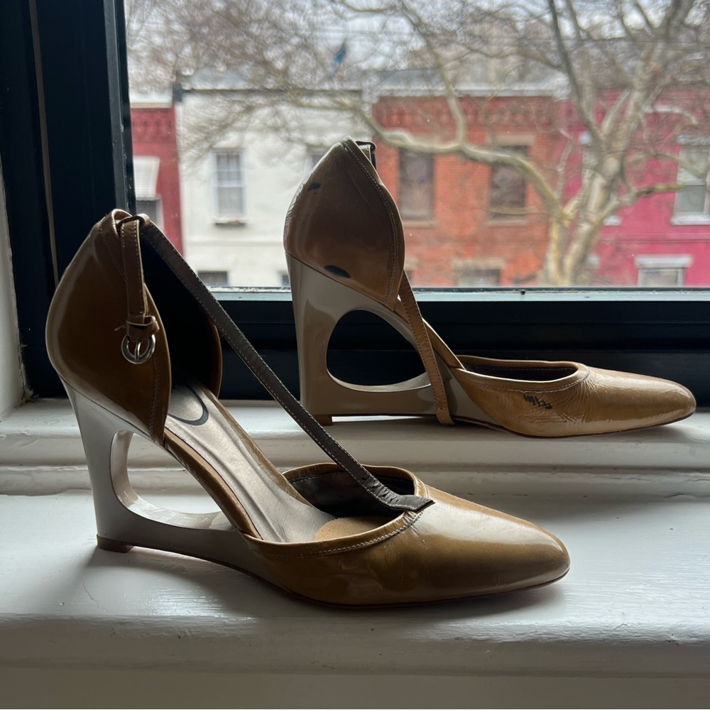 Zara patent open wedge heels